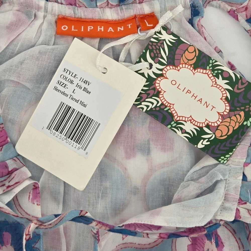 Oliphant Sleeveless Tiered Mini Dress Iris Blue Floral Halter L Boho Summer - Picture 4 of 10